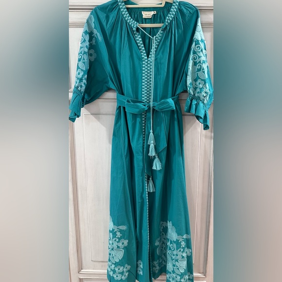 PRELOVED SZ XXL Julia Armory Teal Embroidered Caftan with Tassels and Belt - Picture 1 of 13